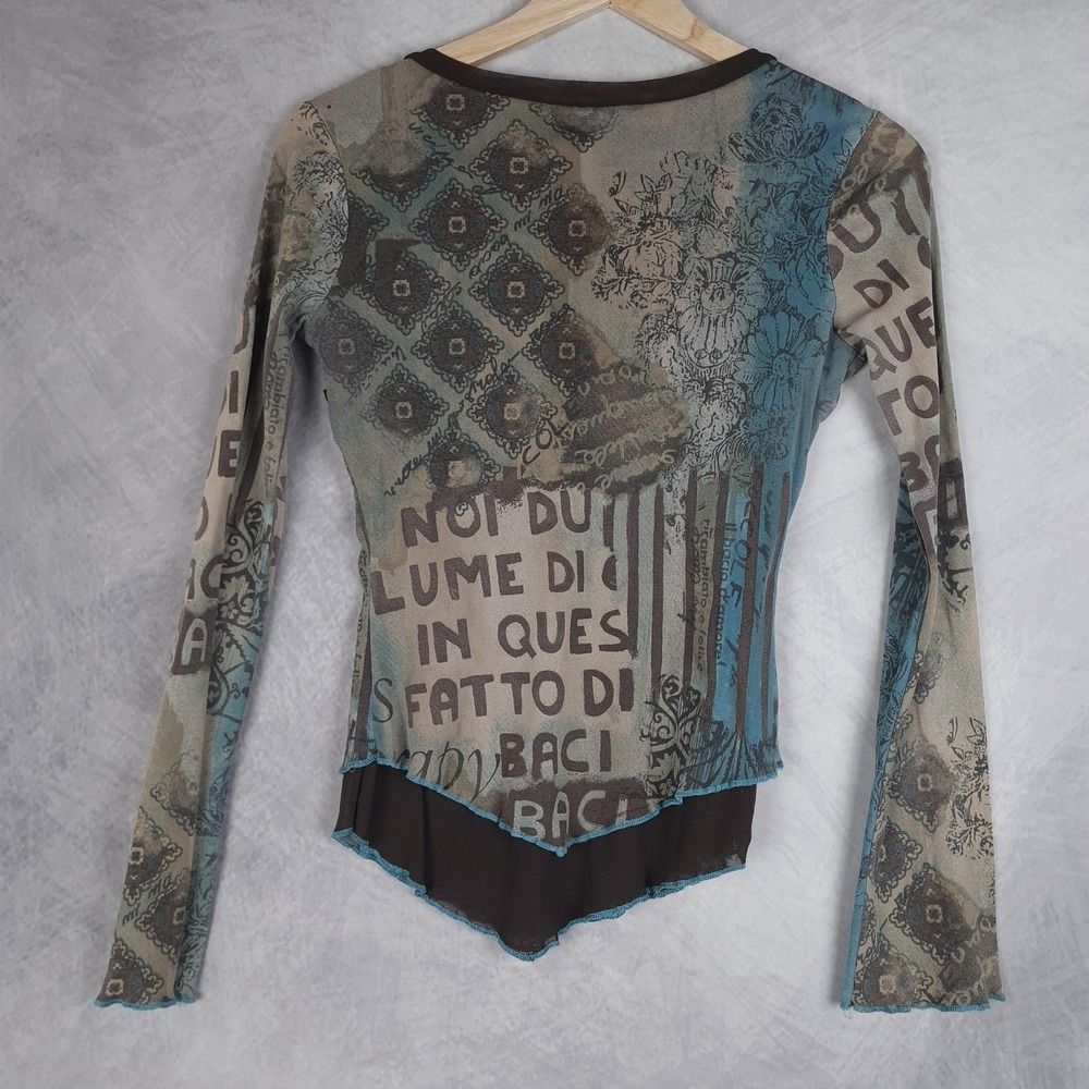 Women’s Mixed Print Asymmetric Long-Sleeve Blouse - Teal & Taupe - Picture 11 of 16
